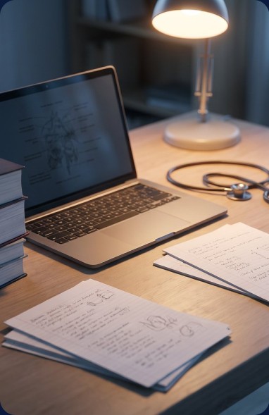 Mesa de estudos com material de medicina